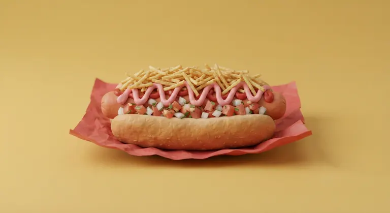 Perrito con salchicha, salsas y ripio sobre papel
