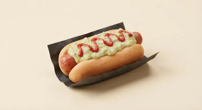 Perrito cubierto con una capa de salsa de puerro y salsa roja